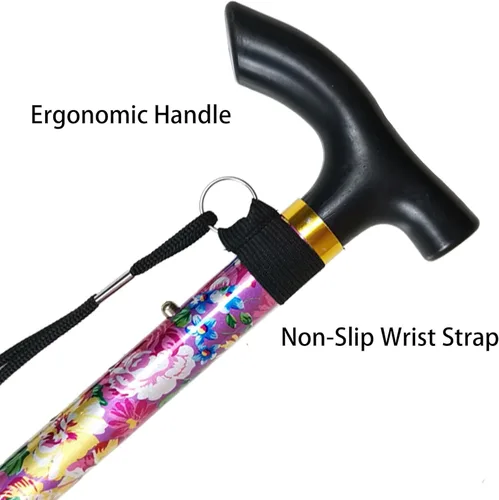 Vista 5 de Bastón plegable, altura ajustable de 5 niveles, ligero, portátil, plegable, bastones para caminar con correa para la muñeca y mango en T