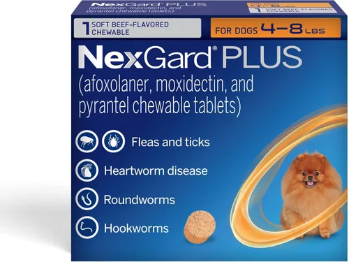 NexGard Plus (afoxolaner, moxidectina y pirantel) Protección contra Pulgas y Garrapatas y Preventivo del Gusano del Corazón para Perros Masticables
