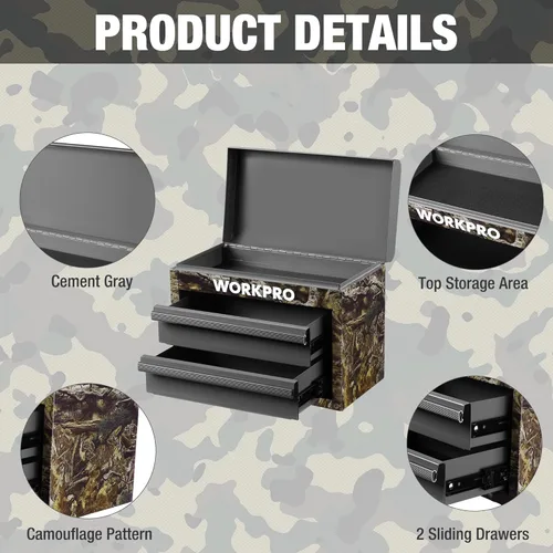 Vista 6 de WORKPRO Caja de herramientas mini de metal, cajón superior que contiene dos cajones con guías de rodamientos de bolas, forros de cajones de PVC