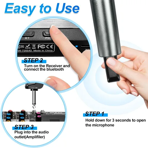 Vista 7 de Sistema de karaoke de micrófono inalámbrico con receptor Bluetooth recargable, micrófono inalámbrico dinámico de mano profesional, rango UHF de 200