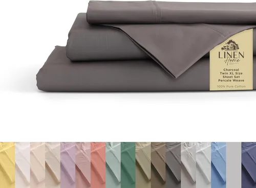 Vista 8 de Linen Home Juego de sábanas 100% de percal de algodón, fresco, ligero, sólido, tamaño individual, 3 piezas, 1 sábana encimera, 1 ajustable