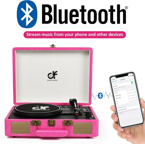 Vista 4 de Tocadiscos de maleta con Bluetooth vintage con altavoces integrados, tocadiscos portátil de 3 velocidades con grabadora de audio de vinilo USB, Rosa