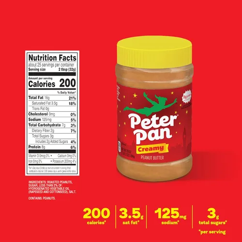 Vista 2 de Peter Pan Mantequilla cremosa de maní, hecha con cacahuetes tostados, ideal para sándwiches de mantequilla de maní y mermelada y bocadillos