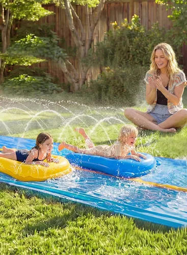 Vista 7 de Sloosh Enorme tobogán acuático, tobogán de agua de césped resistente de 30 x 6 pies con tobogán de aspersor integrado y 2 tablas inflables