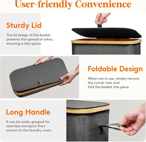 Vista 5 de Lifewit Cesta de lavandería delgada de 50 litros con tapa, cesta estrecha para la ropa sucia con bolsa extraíble y asas de bambú, canasta plegable