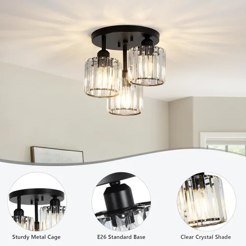 Vista 2 de PAUFUL Lámpara de Techo Semiempotrada de Cristal, Lámparas de Techo Modernas de 3 Luces Cerca del Techo, Lámparas de Cocina Negras con Pantalla