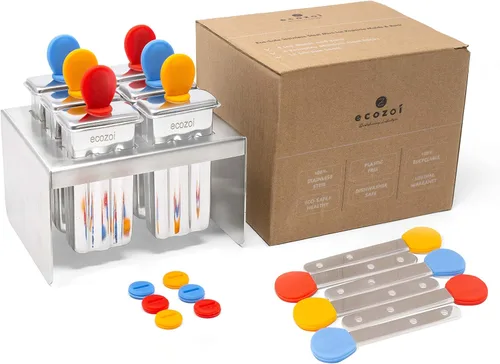 Vista 11 de Ecozoi Moldes y estante de acero inoxidable para paletas – 6 mini máquinas redondas de paletas de hielo + 30 palos de bambú reutilizables + 12