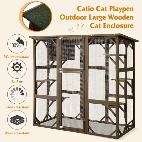 Vista 3 de Grepatio Casa grande para gatos de madera Catio para exteriores con resistente a la intemperie, jaula para gatos, corralito interior con plataforma