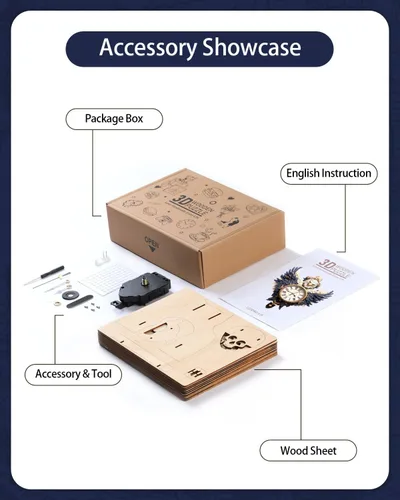 Vista 3 de Rompecabezas de madera 3D para adultos, kit de modelo de reloj de águila calva con péndulo, rompecabezas 3D para adultos, kit de reloj de pared DIY