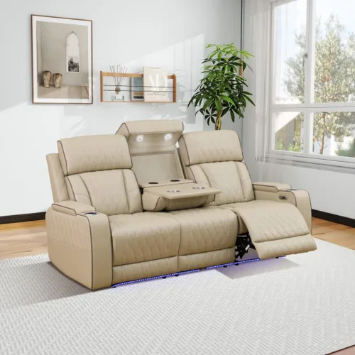 Vista 8 de Juego de sofá reclinable eléctrico de cuero con LED, juego de muebles de sala de estar, juego de sofá de cuero con puerto USB, consola