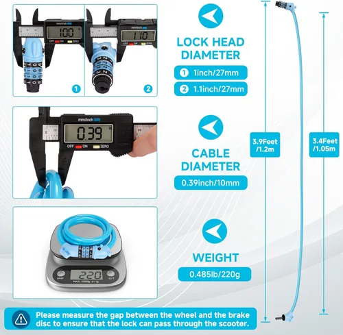 Vista 4 de Candado para bicicleta, 1.19 m, combinación de 4 dígitos que se puede reiniciar, contraseña, candado antirrobo con cable, lindo candado