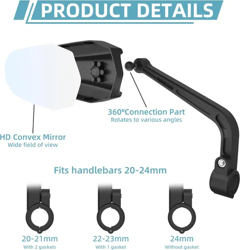 Vista 2 de Espejo de bicicleta Espejo convexo HD resistente a los arañazos Soporte para manillar de espejo de bicicleta Accesorios de ajuste universal