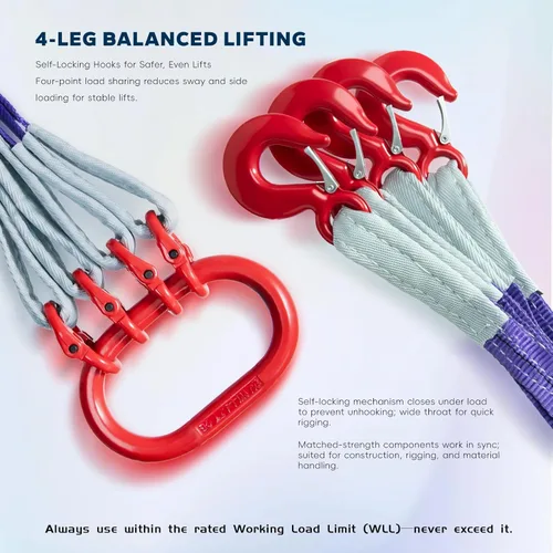Vista 6 de Eslinga de elevación de poliéster de 10 pies (3m) con ganchos y anillos G80 – Capacidad de 4 toneladas, factor de seguridad 6:1, tratada