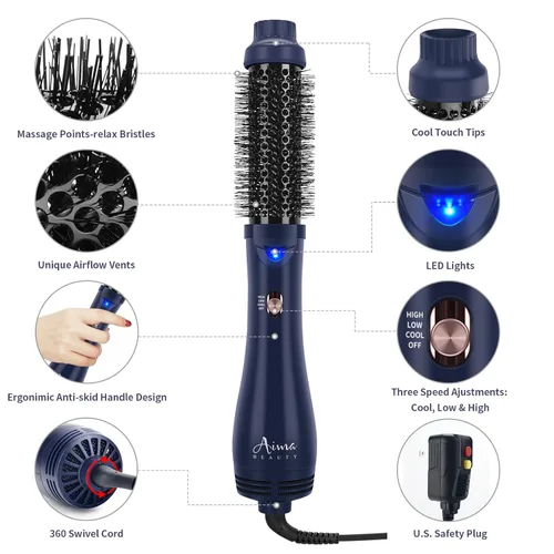 Vista 3 de Aima Beauty - Cepillo secador de pelo, 4 en 1 con función de alisador de aire caliente para mujeres, herramientas de peinado del cabello, azul