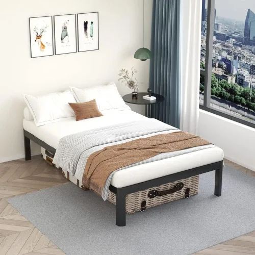 Vista 22 de MAF Marco de cama de metal Queen de 18 pulgadas con patas redondas anticolisión, marco de cama negro resistente de 3500 libras con listones