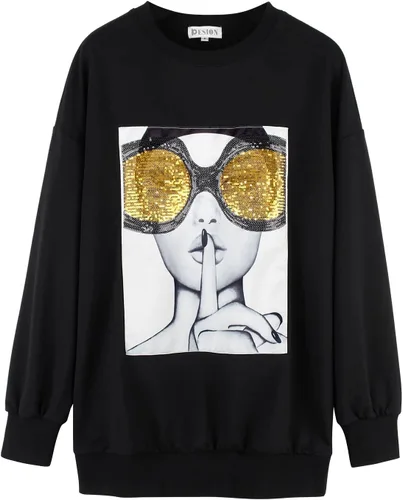 Vista 3 de Sudadera de gran tamaño para mujer, cuello redondo, manga larga, ribete de flecos, sin botones