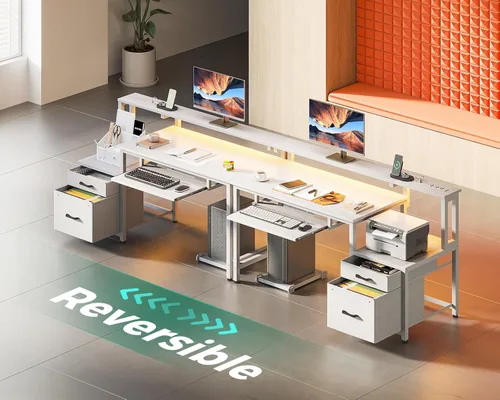 Vista 9 de AODK Escritorio para computadora con cajones y bandeja para teclado, escritorio de oficina de 48 pulgadas con toma de corriente y luces LED