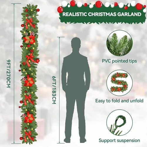 Vista 4 de Guirnalda de Navidad con luces, guirnalda de Navidad preiluminada de 9 pies con 30 luces LED con piñas, flores, lazos, decoración de Navidad