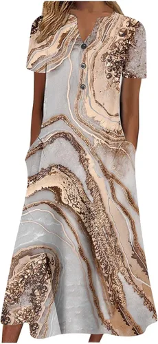 Vestidos de verano para mujer, estilo casual, estampados, cuello en V, manga corta, vestido con vuelo