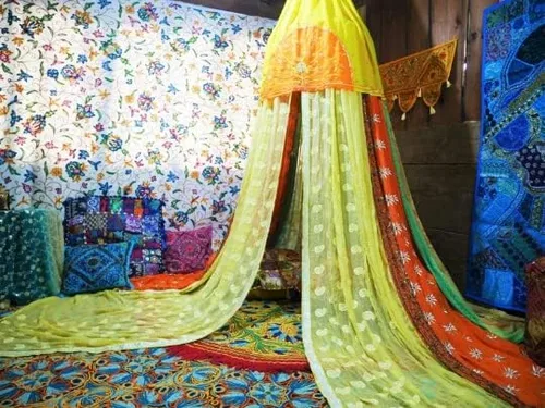 Vista 4 de Toldo de cama bohemio, dosel de sari Cortinas de cama - Cama Montessori - Espacio de meditación Dormitorio bohemio