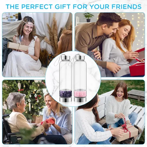 Vista 4 de meekoo Botella de agua de cristal de 2 piezas, botella de agua transparente con centro de piedras preciosas, amatista natural y cuarzo rosa, botella