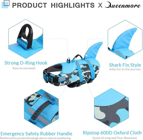 Vista 3 de Queenmore Chaleco salvavidas para perros Ripstop, chaleco de seguridad ajustable con alta flotabilidad y asa de rescate duradera para perros