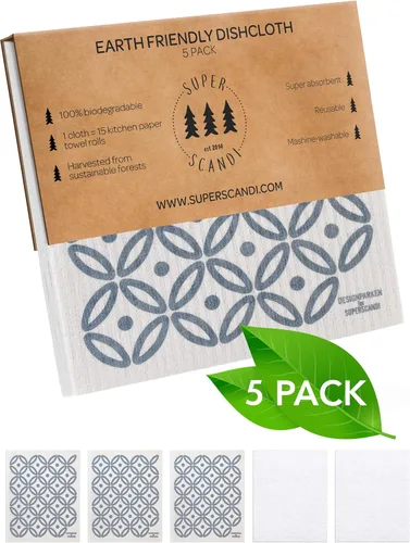 Vista 2 de SUPERSCANDI Paquete de 5 paños de cocina suecos para cocina, toallas de papel reutilizables 100% biodegradables y compostables, lavables, seguros