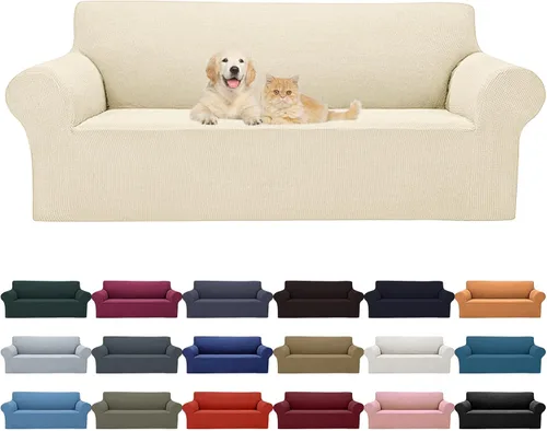 Vista 23 de Cupuamon Funda elástica para sofá de 1 plaza, funda protectora de muebles con parte inferior elástica de tela jacquard a cuadros pequeños para Beige