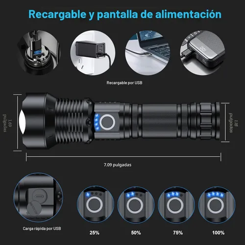 Vista 6 de Linternas recargables de 10000 lúmenes altos, linterna LED impermeable para emergencias, linterna de alta potencia con 5 modos, con zoom