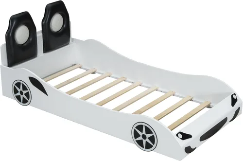 Vista 40 de Cama de plataforma en forma de auto de carreras de tamaño individual con ruedas, marco de cama de plataforma de madera con dos asientos y soporte
