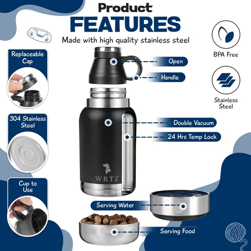 Vista 4 de Botella de agua portátil para perros con 2 cuencos de agua extraíbles para perros, botella de agua de acero inoxidable aislada a prueba de fugas