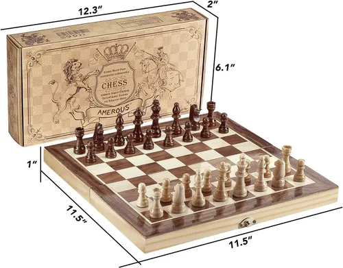Vista 5 de Juego de ajedrez plegable de madera estándar 12x12 pulgadas, juego de mesa estándar de ajedrez internacional con piezas magnéticas hechas a mano.