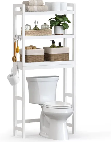 SONGMICS Over The Toilet Storage, 3-Tier Over Toilet Bathroom Organizer with Adjustable Shelf, 10.2 x 24.8 x 66.9 Inches, Space-Saving, Cloud White