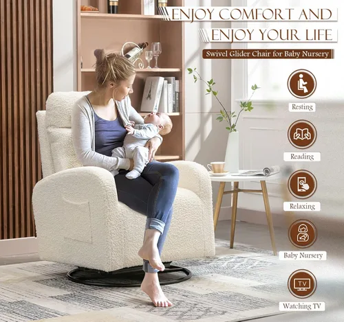 Vista 14 de KINFFICT Silla giratoria moderna, mecedora tapizada para el cuarto del bebé, cómoda silla mecedora con respaldo alto con bolsillo lateral y Gris