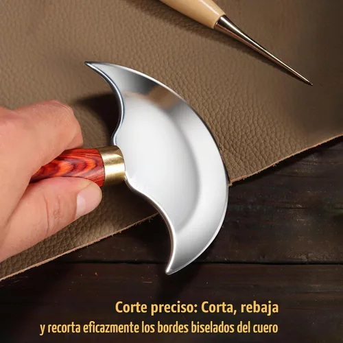 Vista 4 de Cuchillo de cuero Coowolf con mango de madera, herramientas de trabajo de cuero para cortar, pelar y recortar