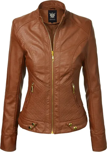 Lock and Love - Chaqueta de cuero sintético con capucha desmontable, estilo motociclista, para mujer (tallas XS-2XL)