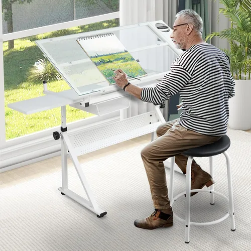Escritorio de mesa de dibujo ajustable en altura con taburete, parte superior de vidrio templado Blanco