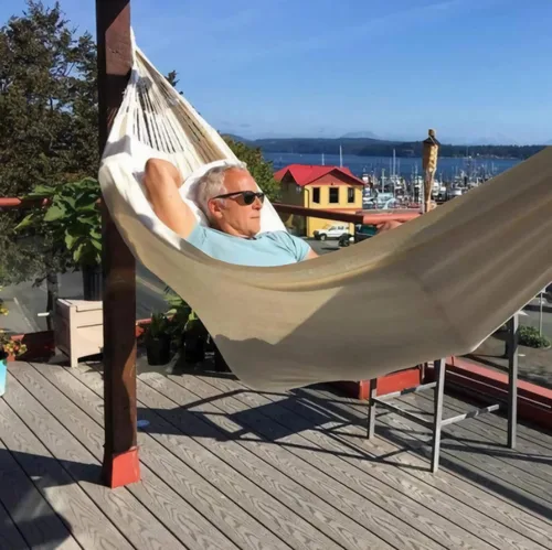 Vista 5 de Hamaca blanca con columpio, hamaca de lona de algodón para una sola persona, hamaca de viaje de lona de 500 libras, hamaca ultraligera para camping