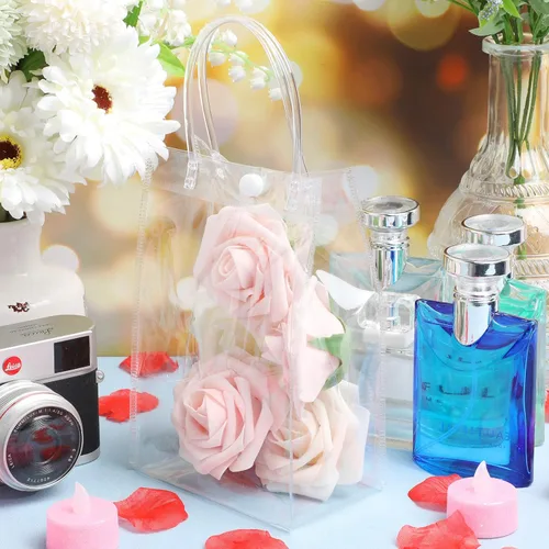 Vista 5 de Amylove 24 bolsas de regalo de plástico de PVC transparente con asa, bolsas de regalo reutilizables transparentes para compras, mercancías