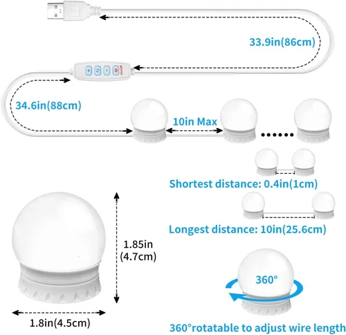 Vista 5 de Luces LED para espejo de tocador con 12 focos adhesivos regulables, 3000K 4500K 6500K y 10 niveles de brillo ajustables, enchufe con cable USB