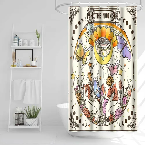 YLOKTP0330 - Cortina de ducha de tarot, 36 x 72 pulgadas, diseño floral retro de ojo malvado, cortinas de baño, sol, luna, estrella, ouija, manos