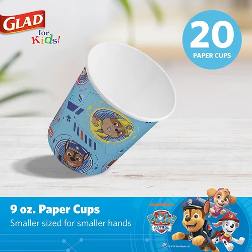 Vista 2 de Glad Vasos de papel desechables para niños de Paw Patrol, Core Pups Blue - Resistentes, a prueba de remojo, aptos para niños, para uso diario, 9