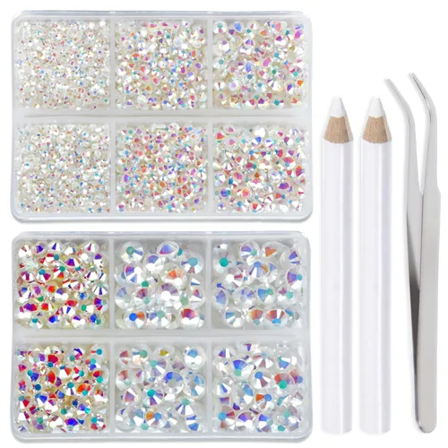 Vista 12 de LPBeads 6400 unidades de diamantes termoadhesivos de 12 colores con parte trasera plana, 5 tamaños mixtos, gemas de cristal redondas con pinzas
