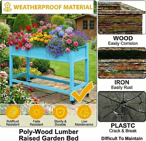 Vista 4 de DWVO Cama de jardín elevada de polietileno de alta densidad de 47 x 18 x 31 pulgadas, resistente a la intemperie, maceta con patas y ruedas