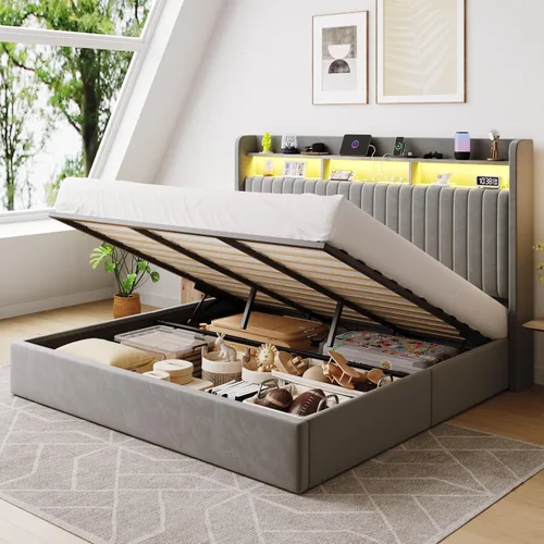 Vista 11 de SHA CERLIN - Estructura de cama de tamaño matrimonial con almacenamiento elevado/Luces LED/Estación de carga/Cabecero con estantes de 2 niveles/USB