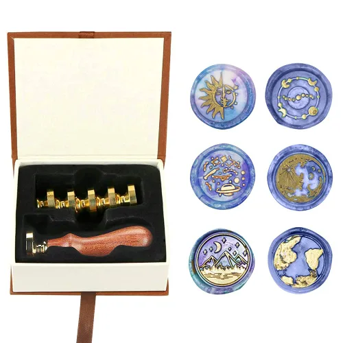 Vista 8 de Juego de sellos de cera para plantas con 6 cabezales de latón extraíbles y 1 mango de madera, sellos de cera retro para decoración de sobres