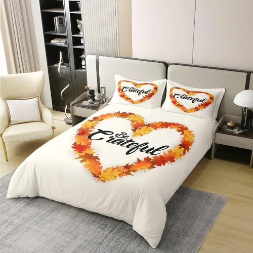 Vista 2 de jejeloiu Juego de funda de edredón de otoño 100% algodón, tamaño Queen, para niños y niñas, juego de ropa de cama de otoño con estampado de hojas