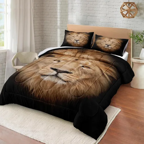 Vista 2 de Juego de edredón de león tamaño Queen con temática de animales salvajes, edredón de león negro, juego de ropa de cama con temática de safari de vida