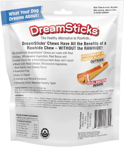 Vista 8 de DreamBone DreamSticks con sabor real a tocino y queso, palitos masticables sin cuero crudo para perros, 15 palitos