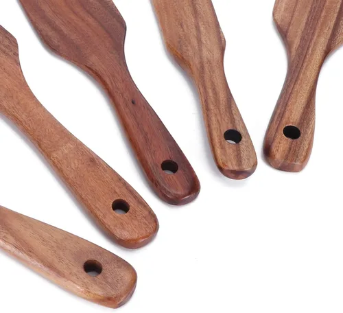 Vista 9 de FLEXMAN 5Pcs Teak Wooden Utensils Set, Multi Functional Wood Cooking Utensils Set, Kitchen Utensils Set, Non Scratch Cooking Utensils for Stir